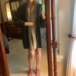 Black/brown custom swing leather coat with fox trim